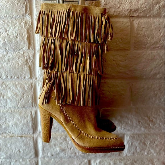 Michael Kors Boots Suede Fringe Sz 7.5M Tan High Heel Almond Toe - Picture 2 of 8